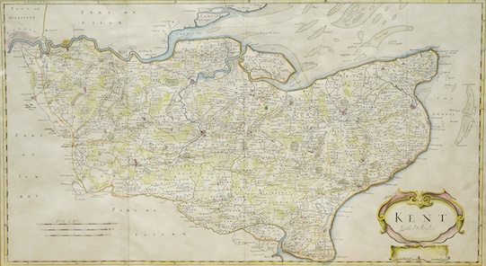 Robert Morden (1650-1703), hand coloured engraved map of Kent, 36 x 63cm. Condition - fair to good